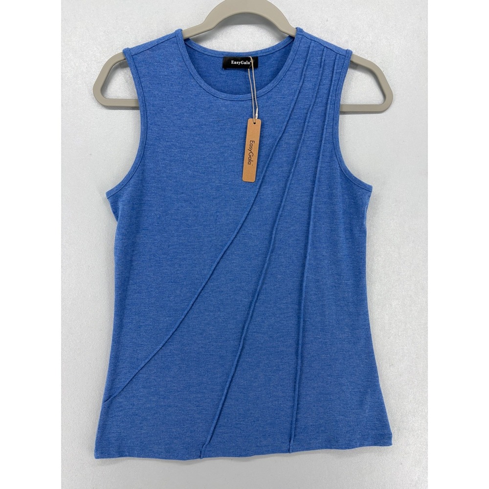 EasyGala Tank Top Womens Small Blue Pleated Pintuck Sleeveless Crew Neck NWT